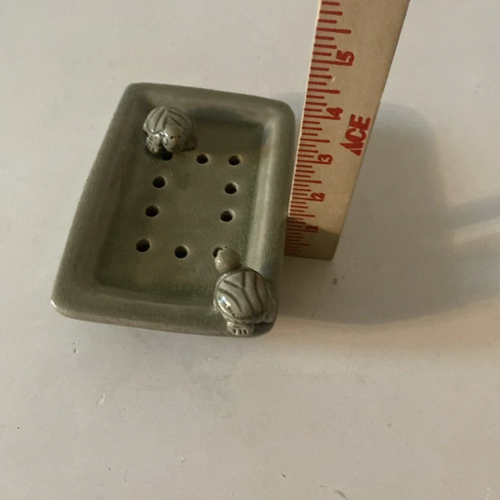 Whimisical Sage Green Soap Dish With Drain Holes Turtles Glazed Pottey